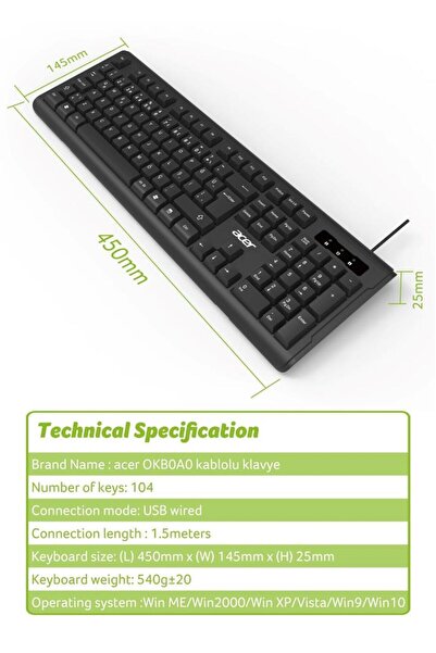 Universal لوحة مفاتيح أيسر OAK-0A0 سوداء مع كابل وخاصية المفتاح الصامت (قفل ا...