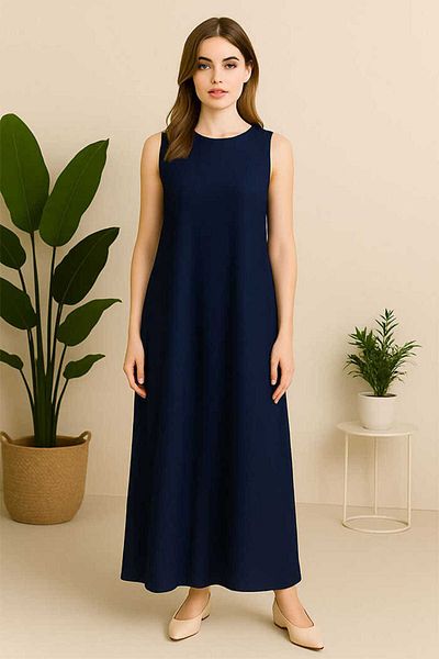 Bym Fashion Zero Sleeve Long Sandy Underwear Dress 3197 Navy Blue