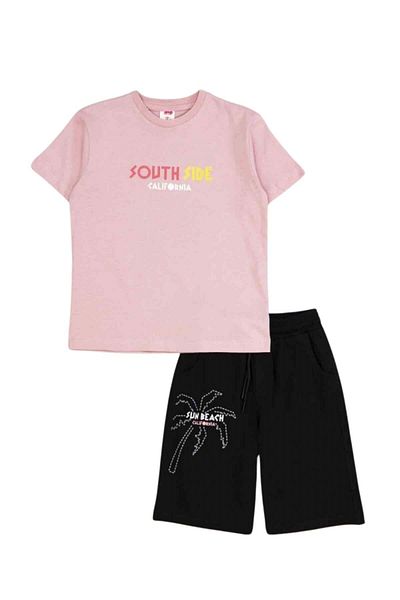 ww waka waka kids store South Side" Printed Yellow T-Shirt and Palm Embroidered Black Shorts Boys Set - Cherry