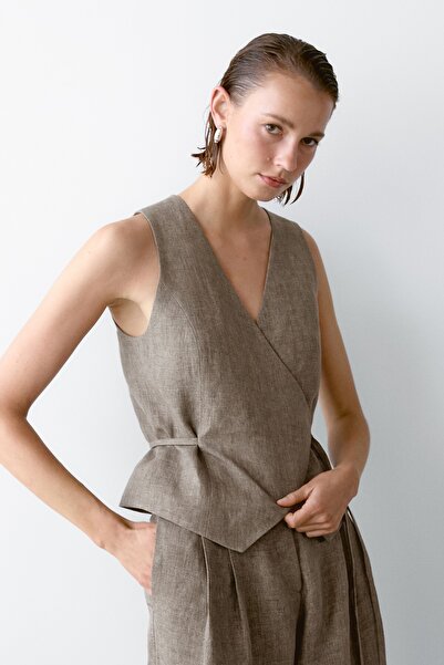 Massimo Dutti %100 keten kısa kruvaze yelek