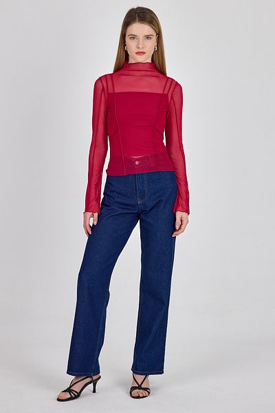 Rays Bluză din tul cu mâneci lungi cu cusături fucsia 233163