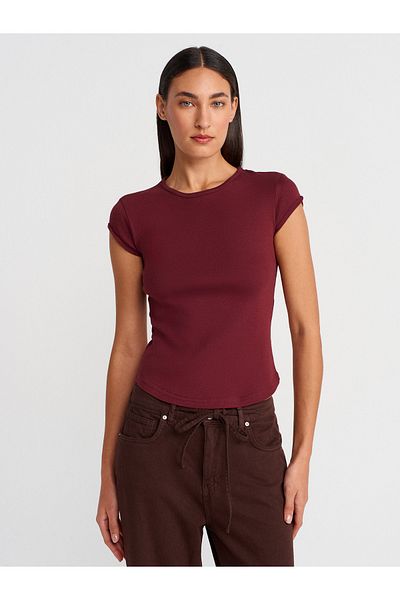 Dilvin 31779 Crew Neck Basic T-Shirt-Light Claret Red