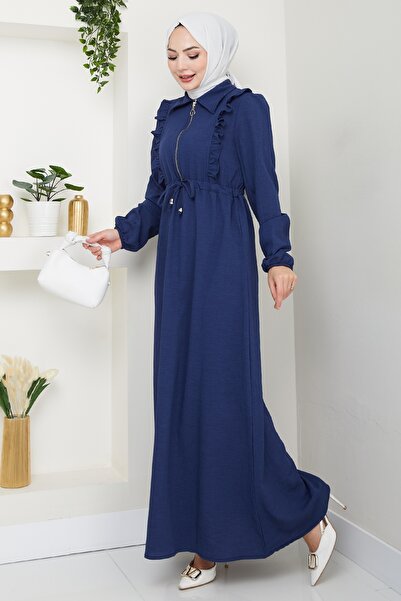 InStyle Navy Blue Dress with Zipper Ruffle Detail