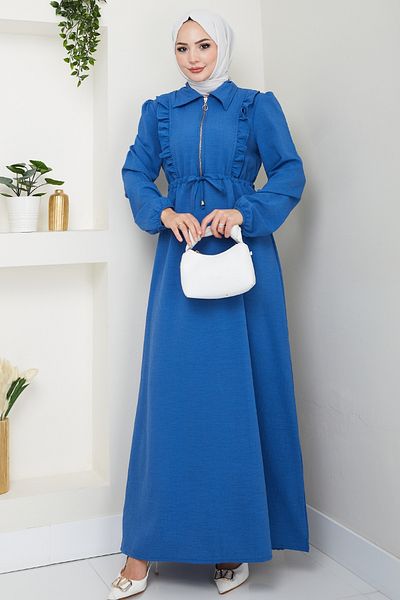 InStyle Μπλε φόρεμα με λεπτομέρεια με βολάν με φερμουάρ