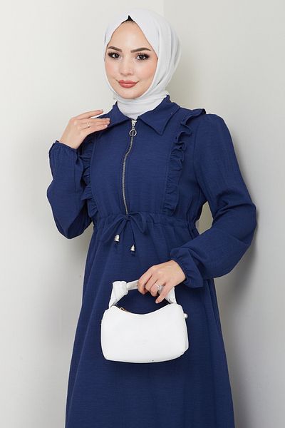 InStyle Navy Blue Dress with Zipper Ruffle Detail