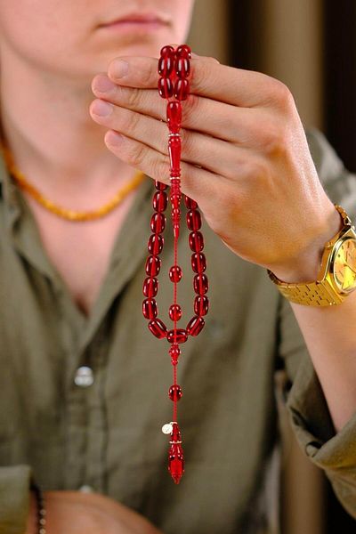 dergah tesbih Şükür Baba Series Silver Ring Detailed Systematic Red Fire-I Amber Prayer Beads