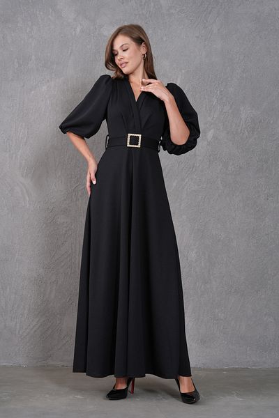 bayansepeti Black Crepe Fabric Black Belt Detailed V-Neck Balloon Sleeve Design Maxi Dress 77124
