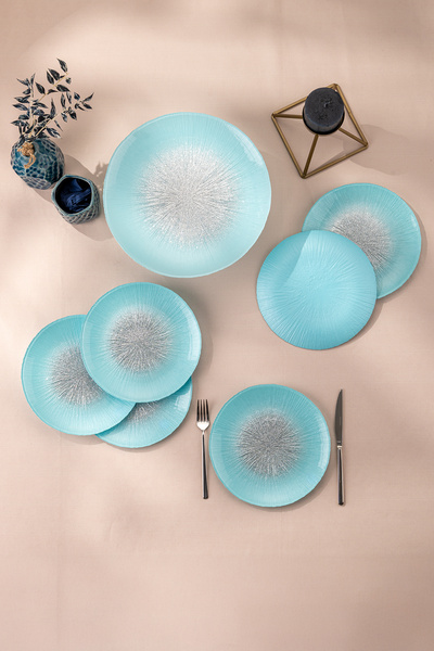 Emsan Pastel 7 Parça Cam Pasta / Tatlı Seti Mavi