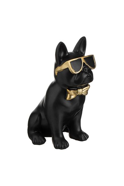 OEM Decorative Figurine, Dog Model, Gold Glasses and Bow Tie, Black, Polyresin, 13x20x24.5 cm