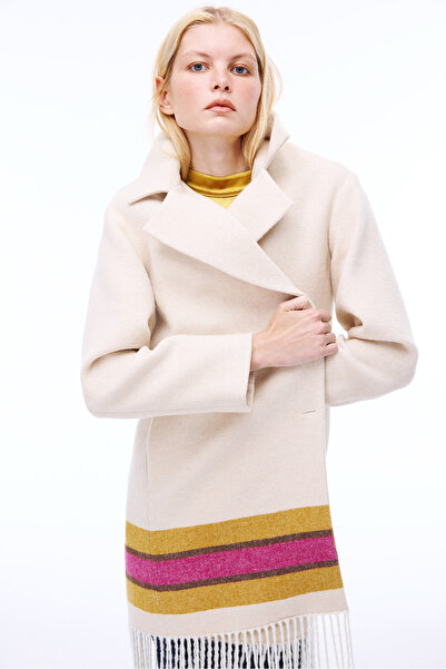 Perspective Pleasant Comfortable Fit Knee Length Jacket Collar Beige Color Women's Coat