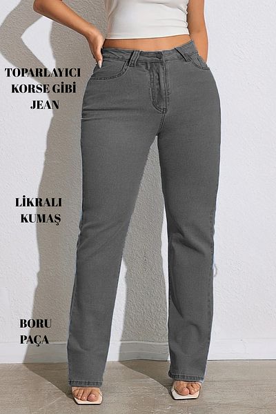 CEDY DENIM - Women's Big Me Tube Leg High Waist Regular Fit Lycra Trousers C626-Grey