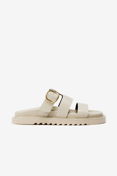 Seniorah Beige Skin Three Thick Stripes Single Buckle Detailed Women's Slippers