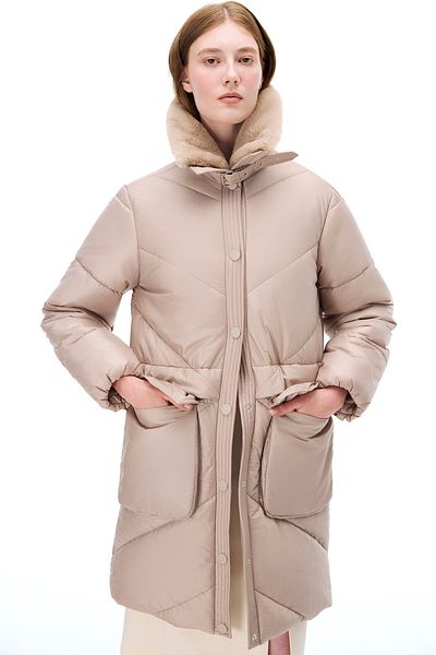 Perspective Awans Regular Fit Knee Length False Sleeve Shirt Collar Open Camel Feather Coat