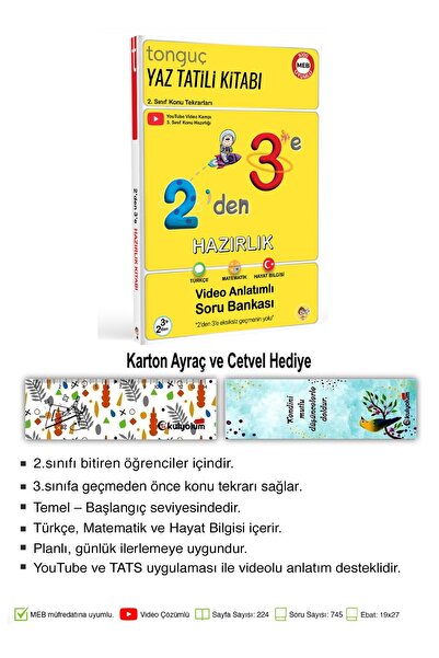 Tonguç Yayınları 2'den 3'e Video Çözümlü Hazırlık Yaz Tatil Kitabı