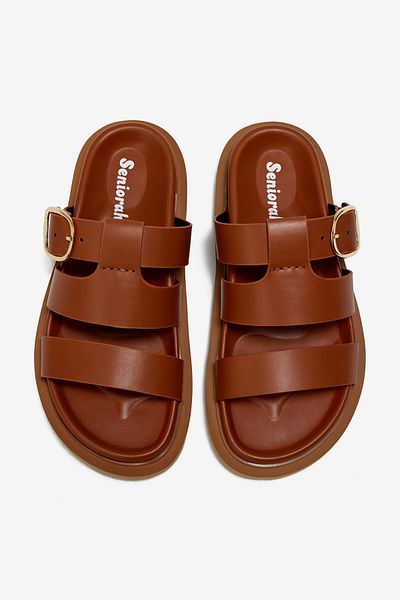Seniorah Tan Skin Three Thick Straps Single Buckle Detailed Women's Slippers