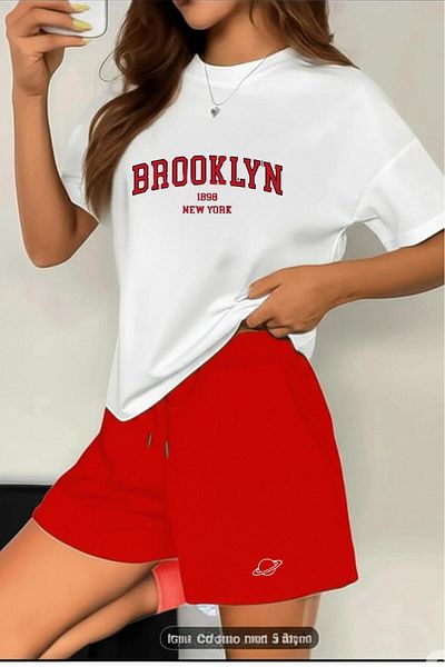 NO 601 Women's White Oversize T-Shirt Brooklyn Printed Red Combed Cotton Shorts Bottom-Top Set