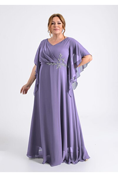 LİLAS XXL Büyük Beden Leylak Renkli Yırtmaçlı Uzun Şifon Abiye Elbise