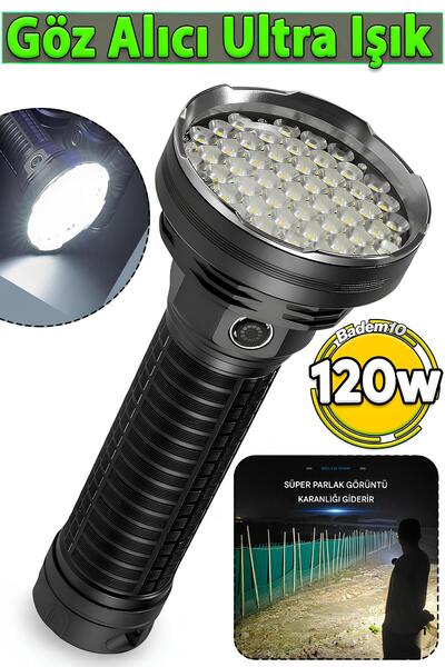 Badem10 65000 Lümen 120w Usb Şarjlı Yüksek Işıklı Ledli Gece Kamp Taktik El F...