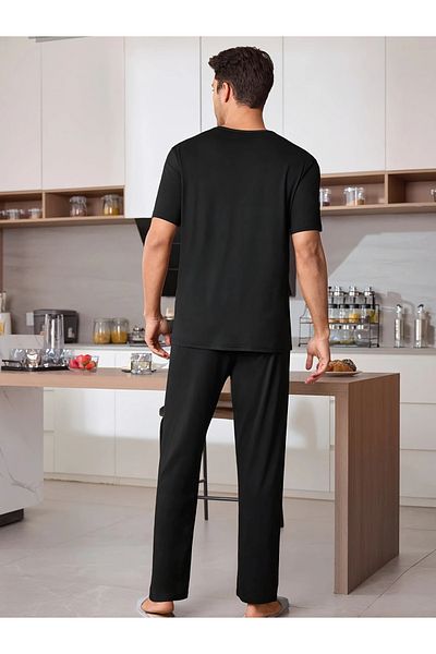 PENTHİLUS Men's 2 Piece Short Sleeve and Long Pants Black Letter Printed Pajama Set