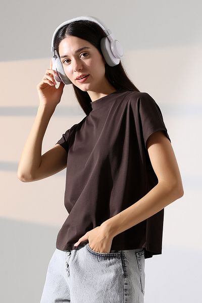 Endies Stand Collar Cotton T-Shirt 19588 Coffee