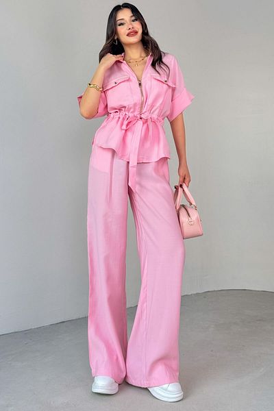 My Blog Pink Front Zippered Belted Suit - 7222