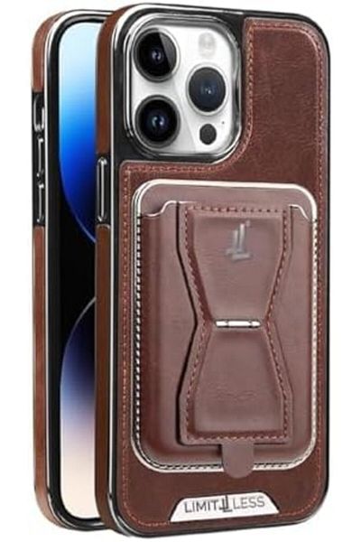 Limitless Leather Case for iPhone 15 Pro with Detachable Card Holder and Stand, Back Protector Slim