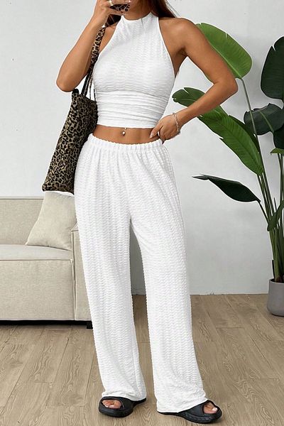 Trendseninle White Knitted Wrap Sleeveless Backless Waist Tight Blouse Pants Suit