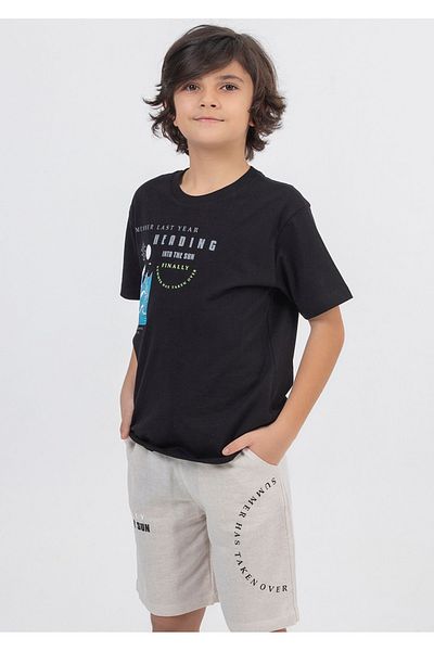 ww waka waka kids store Front and Back Shorts Printed Crew Neck Boys Suit - Black - 11-12 Years