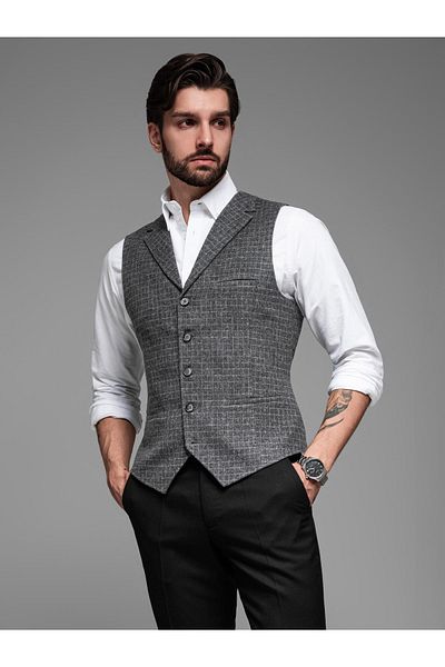 OMBRE Elegante Herrenweste mit Revers im Karomuster - Schwarz V3 OM-BLZV-0110 M