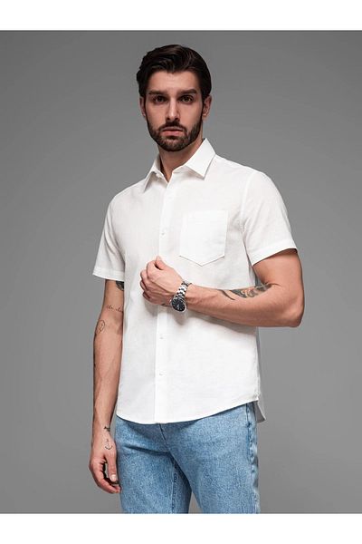 OMBRE Herren Kurzarmhemd aus Leinen-Baumwolle mit Tasche - gebrochenes Weiß V1 OM-SHSS-0167 XL