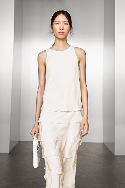 Massimo Dutti Fırfırlı uzun dökümlü elbise