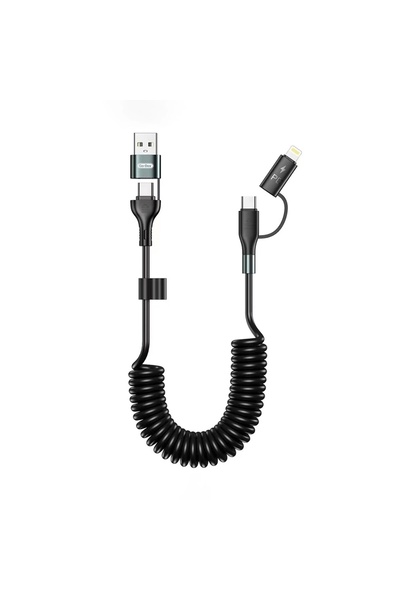 Lopard 1.8 Metre Araç İçi Spiralli 4in1 Süper Hızlı Şarj Kablosu 60W Şarj USB'den Type-C'/Lightning'e Type-