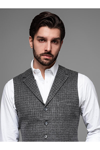 OMBRE Elegante Herrenweste mit Revers im Karomuster - Schwarz V3 OM-BLZV-0110 M