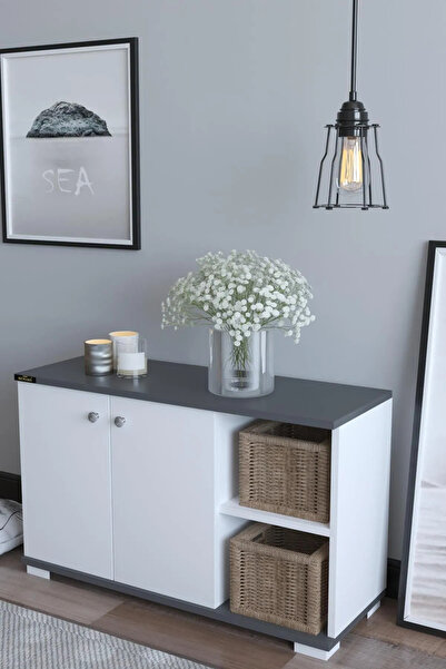 Remaks Süper Basic Ayakkabılık 2 Kapaklı Açık Raflı Portatif Dolap Çok Amaçlı Raf Antrasit