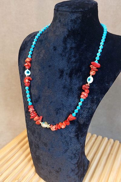Uretti - Özlem 9422 3876 Handmade Tightening Turquoise and Coral Stone Detailed Necklace