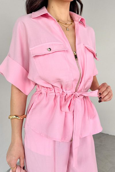 My Blog Pink Front Zippered Belted Suit - 7222