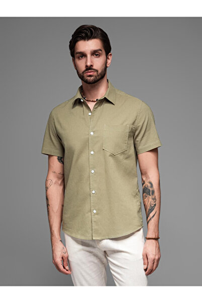 OMBRE Herren Kurzarmhemd aus Baumwolle und Leinen mit Tasche - oliv V6 OM-SHSS-0167 XL