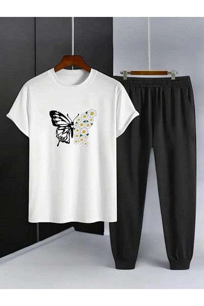 FAEL LİFE Women / Girl Thsort Tracksuit Set Butterfly Daisy Printed