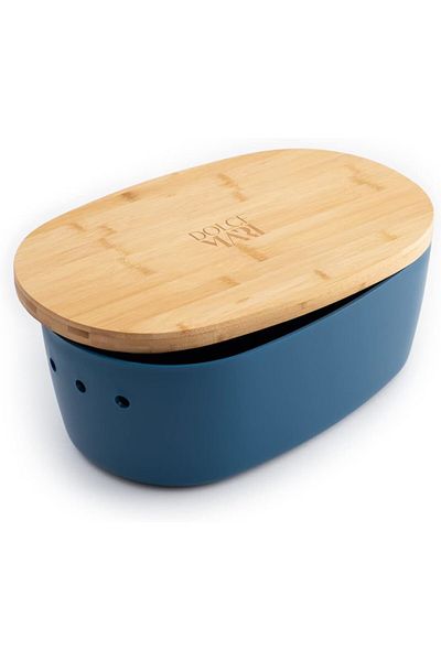 Dolce Mare Polypropylene bread box with bamboo lid, chopper, 38.1x25.4x15.2 cm, rectangular, Blue