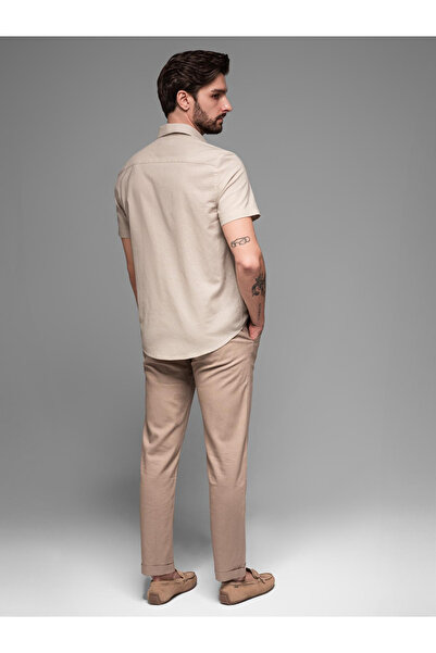 OMBRE Herren Kurzarmhemd aus Leinen-Baumwolle mit Tasche - beige V4 OM-SHSS-0167 XXL