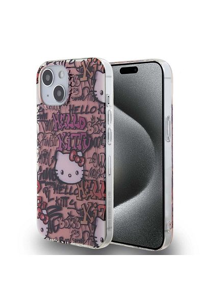 Hello Kitty Case for iPhone 15 - Hello Kitty Hardcase IML Tags Graffiti (HKHCP15SHDGPTP) - Pink