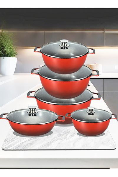 X SPRING 10-PCS Granite Non-stick Cookware Set,Scald-proof Handle,Suitable for multiple people(RED)