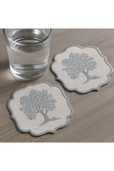 Teksev Stejar gri 6 bucăți din lenjerie de in, cafea, prezentare pentru cocktail, șervețel pentru petrecere, prezentare brodata