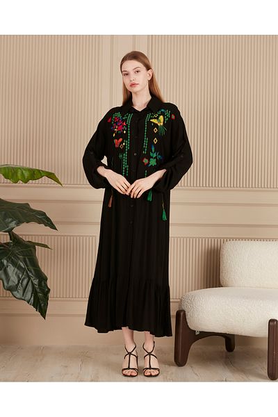EL jadida Women's Embroidered Buttoned Plus Size Viscose Long Dress Black
