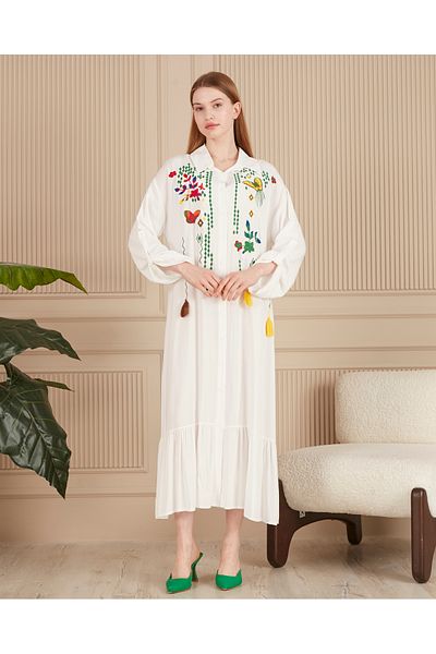 EL jadida Women's Embroidered Buttoned Plus Size Viscose Long Dress White