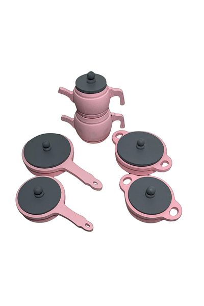 Özka Hobi Ahşap Ozka Hobby Pink Painted Wooden Toy Tencre and Pan Set