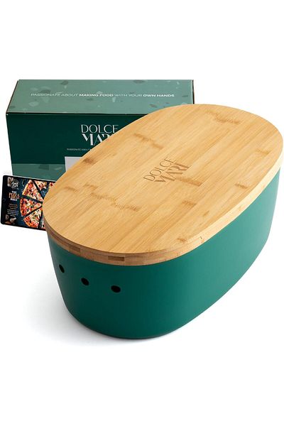 Dolce Mare Polypropylene bread box with bamboo lid, chopper, 38.1x25.4x15.2 cm, rectangular, Green