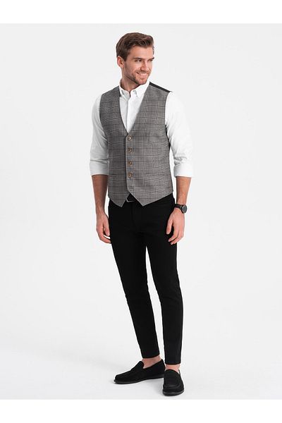 OMBRE Herrenweste ohne Revers im Feinkaro - Graphit V2 OM-BLZV-0123 XL