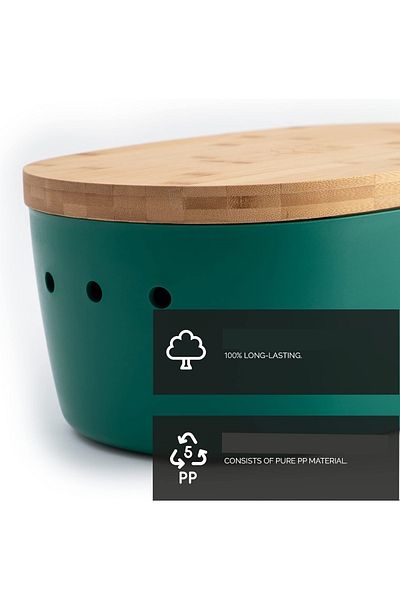 Dolce Mare Polypropylene bread box with bamboo lid, chopper, 38.1x25.4x15.2 cm, rectangular, Green