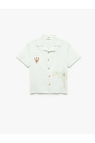 Koton Bumbac cu mânecă scurtă Turndown Collar Broderie detaliate Shirt